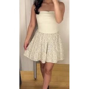 Thirty Thirty LA Cream Floral Strapless Mini Dress Ribbed Tiered NWT Large